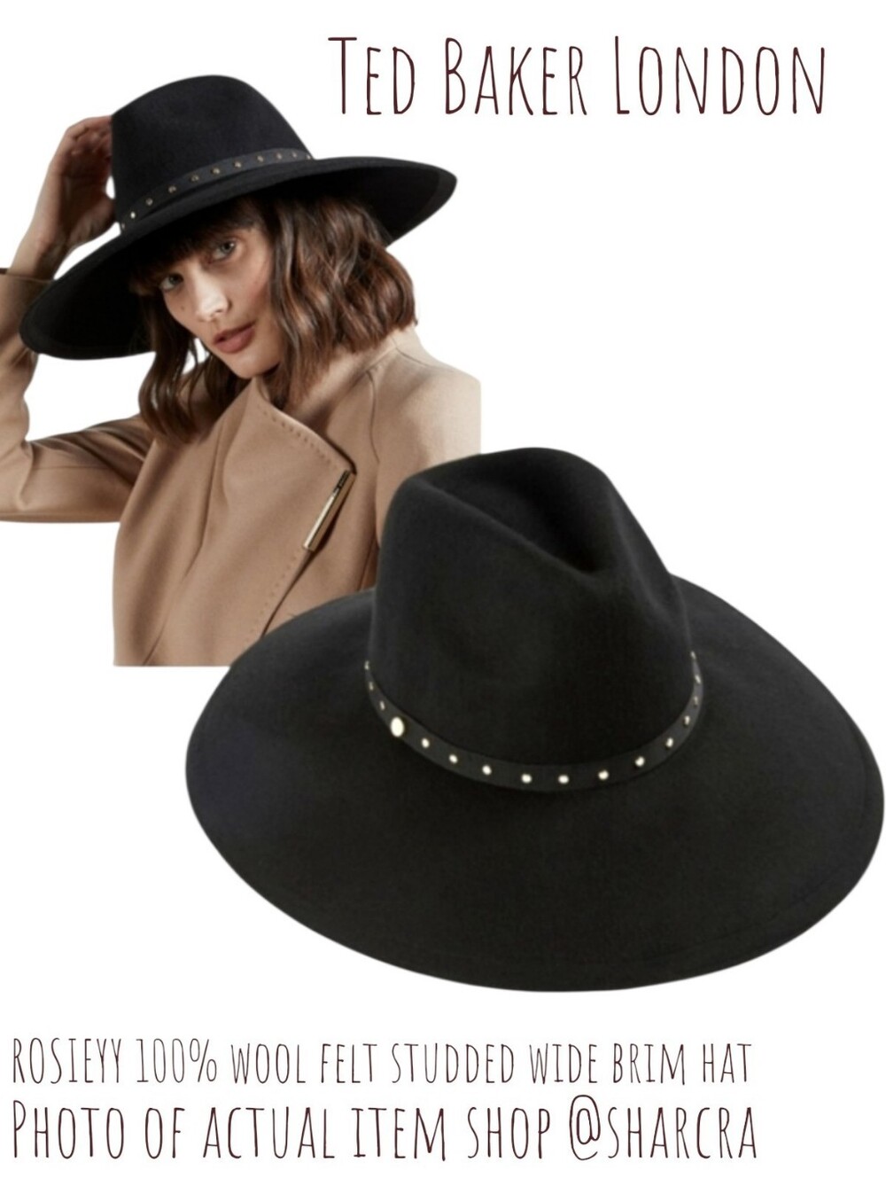 Ted Baker London ROSIEYY 100% wool felt studded wide brim hat black gold women's